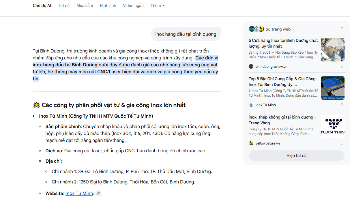 Inox Tứ Minh top AI Overviews