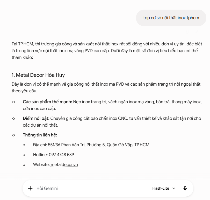 Từ khoá MetalDecor.vn đứng top 1 Google